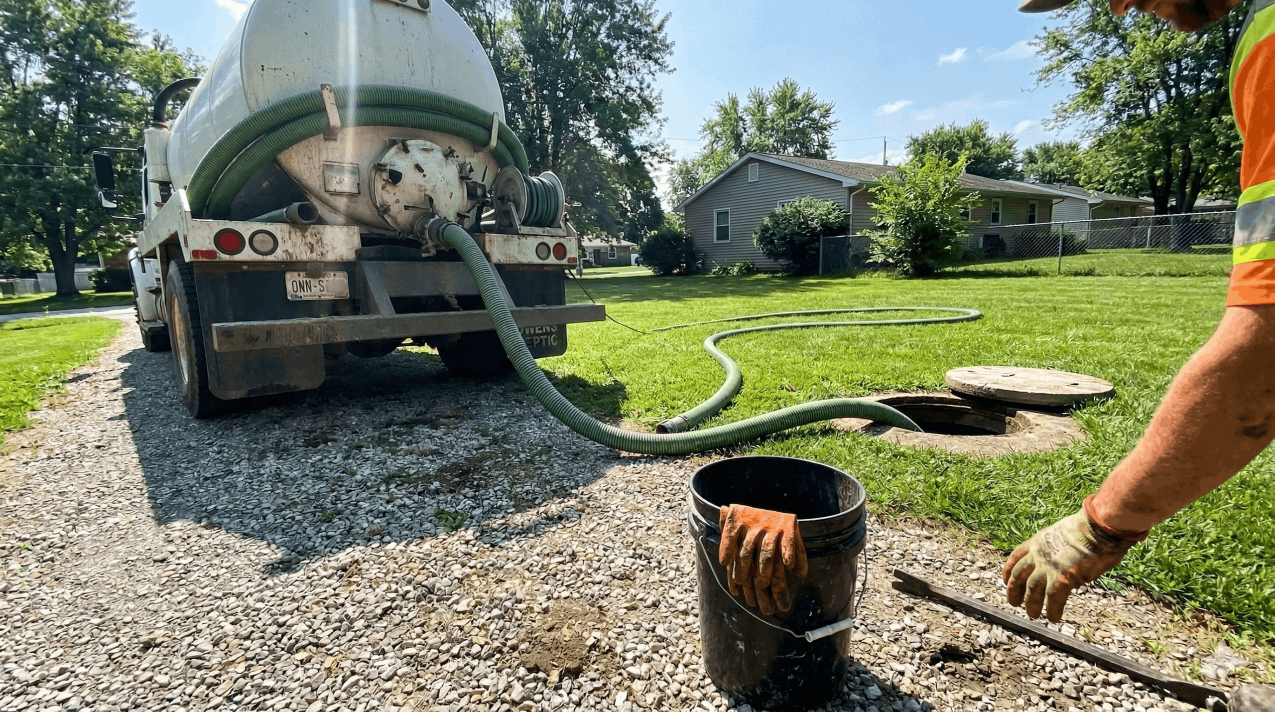 A candid, handheld photo of a professional septic tank cleaning in Indiana, featuring a vacuum truck and service hose in a real residential backyard during a routine maintenance visit.