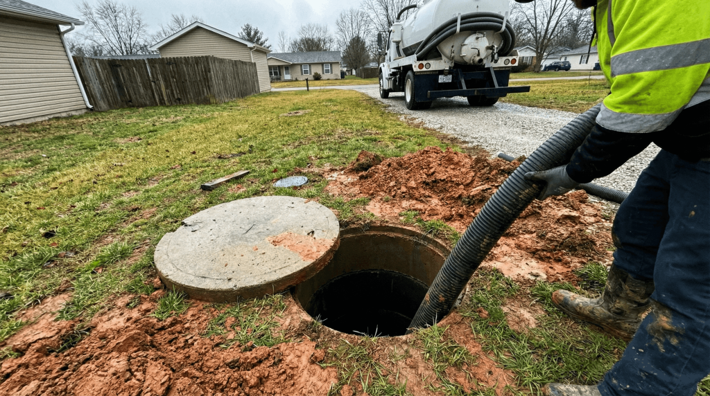 A candid smartphone photo of a routine 1,000-gallon Indiana septic pumping service in Bloomington, showing the vacuum hose inserted into the tank through the heavy clay soil to prevent a $15,000 system failure.