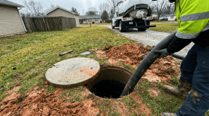 A candid smartphone photo of a routine 1,000-gallon Indiana septic pumping service in Bloomington, showing the vacuum hose inserted into the tank through the heavy clay soil to prevent a $15,000 system failure.