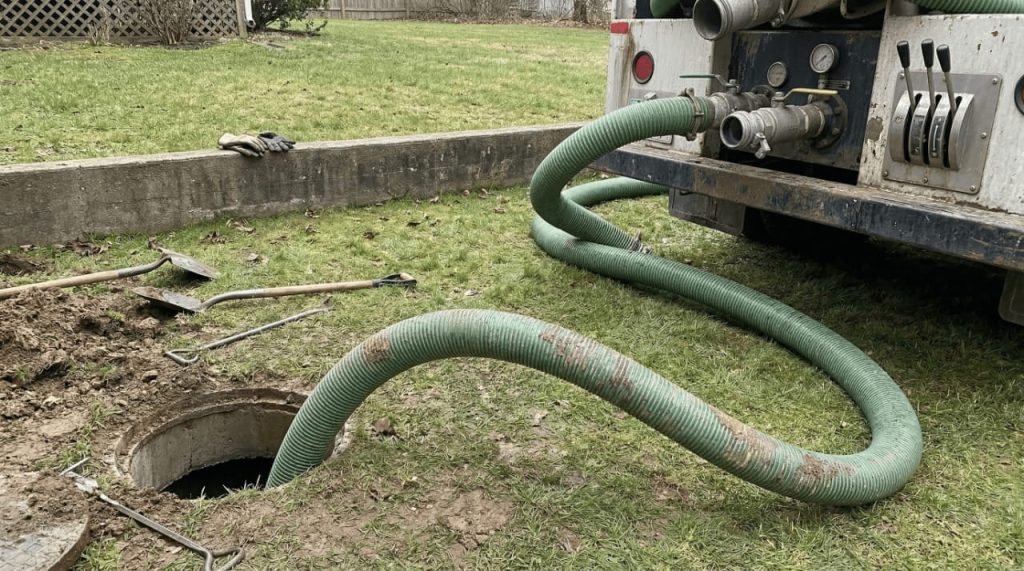 Industrial vacuum hose connected to an open underground septic tank during a professional residential pumping and maintenance service