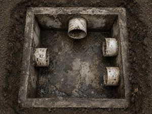 Dirty septic distribution box with multiple outlet pipes showing signs of buildup and uneven wastewater flow.