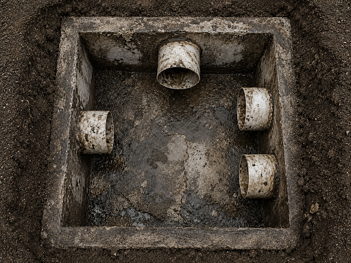Dirty septic distribution box with multiple outlet pipes showing signs of buildup and uneven wastewater flow.
