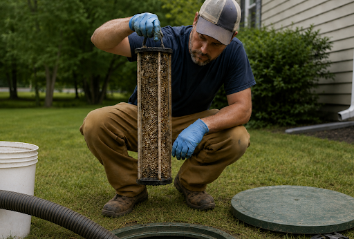 A technician wearing gloves removes a long septic filter from a flat ground-level septic tank opening with a vacuum hose placed inside the tank.
